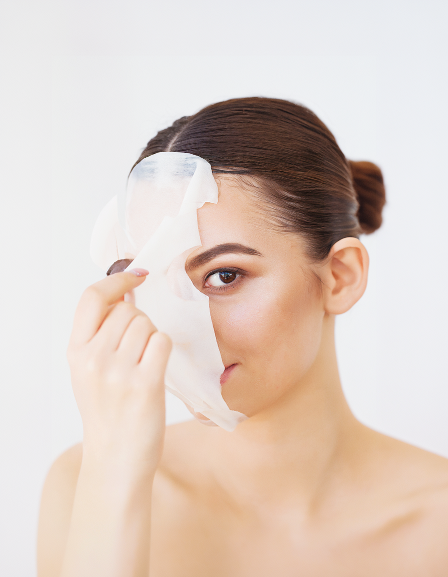 Woman removing facial mask after skin care treatment, showing radiant and hydrated skin with Crownlift